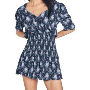 LoveShackFancy Brickell Smocked Floral Bows Mini Dress Size L Blue Coquette
